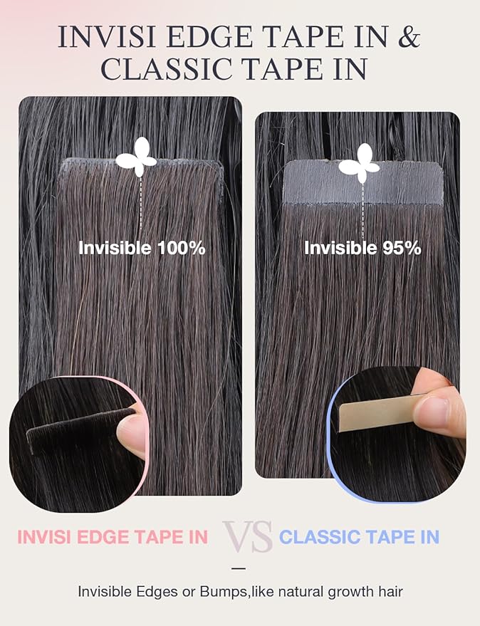 DOORES Seamless Tape in Extensions Human Hair Invisi Edge, Jet Black 10 Injection Tape-ins with 10 Injection Tape-ins 50g 24 Inch, Injected Tape in Extensions Virgin Hair Thick