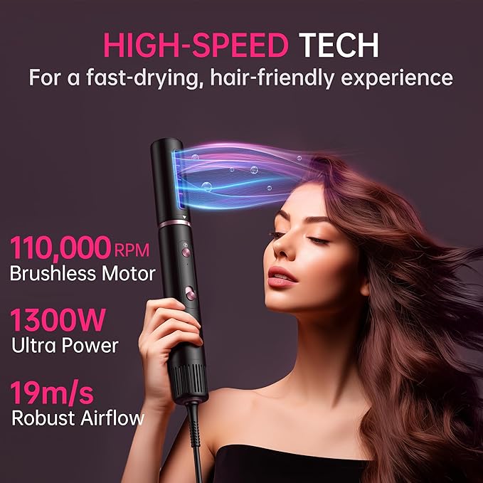 SKIMI 110,000 RPM Brushless Motor Hair Dryer Brush - 5 Muti-Styler for Fast Drying, Curling, Volumizing & Straightening | High-Speed Hot Air Brush for All Hair Types (Black & Blush Red)
