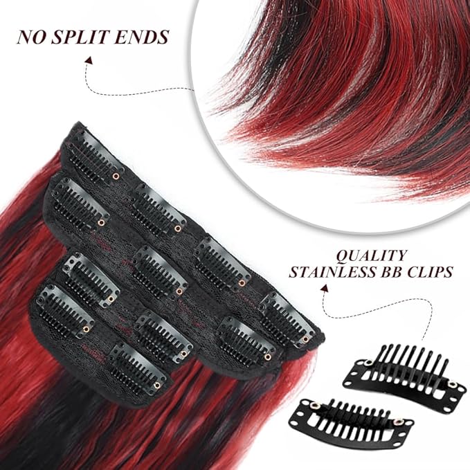 Vigorous Clip in Hair Extensions 24Inch Black with Red Highlights Hair Extension Clip Ins 4Pcs Long Wavy Soft Synthetic Hairpieces for Women Girls Daily Use Event Party Use