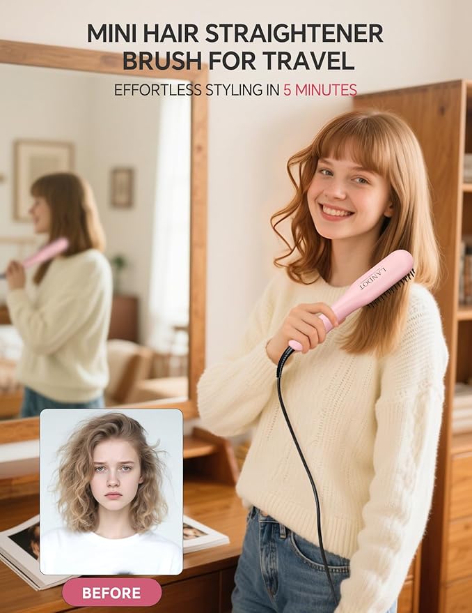LANDOT Mini Hair Straightening Brush - Compact Heated Ionic Straightener Brush for Frizz-Free, Smooth Results, Lightweight Hot Comb & Travel Flat Iron Perfect for Short Medium Hair, Blush