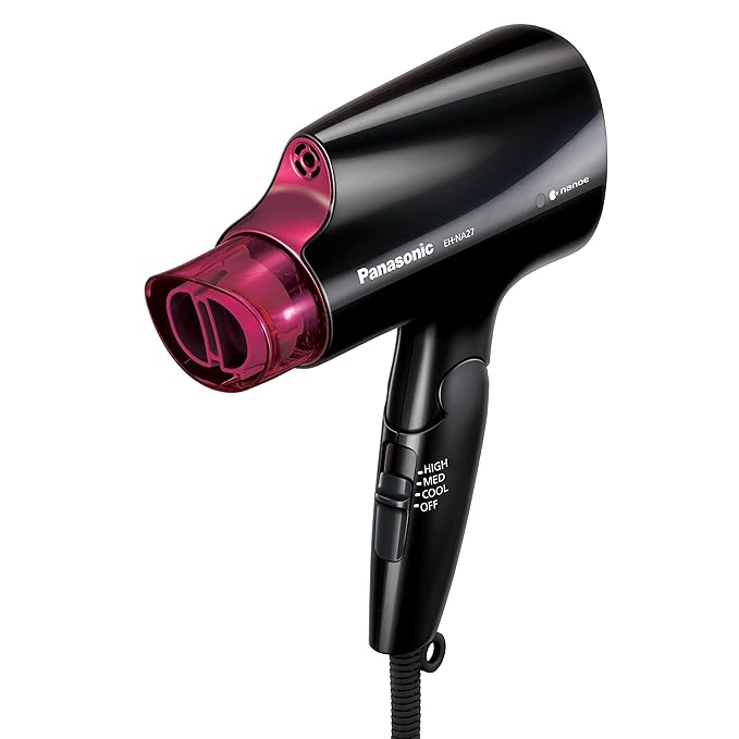 Panasonic nanoe Compact Hair Dryer for Healthy-Looking Hair, 1400W Portable, Folding Handling and QuickDry Nozzle for Fast Drying – EH-NA27-K (Black/Pink)