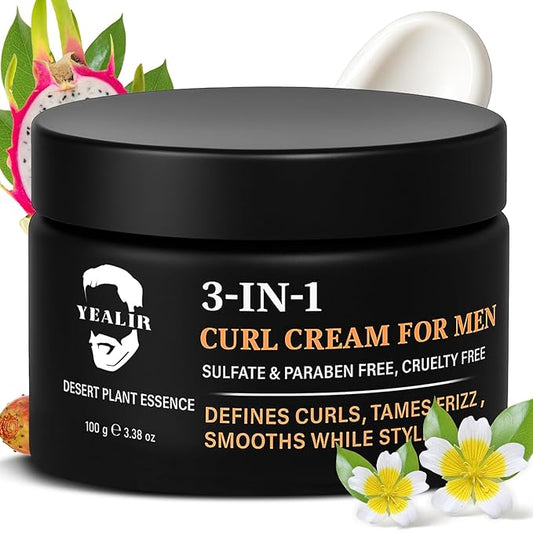 3-in-1 Curl Cream for Men - Defines Curls, Tames Frizz, Adds Smoothness and Texture for Curly and Wavy Hair, Hair Styling Cream with Desert Derived Extracts, Sulfate - Free 3.38 oz