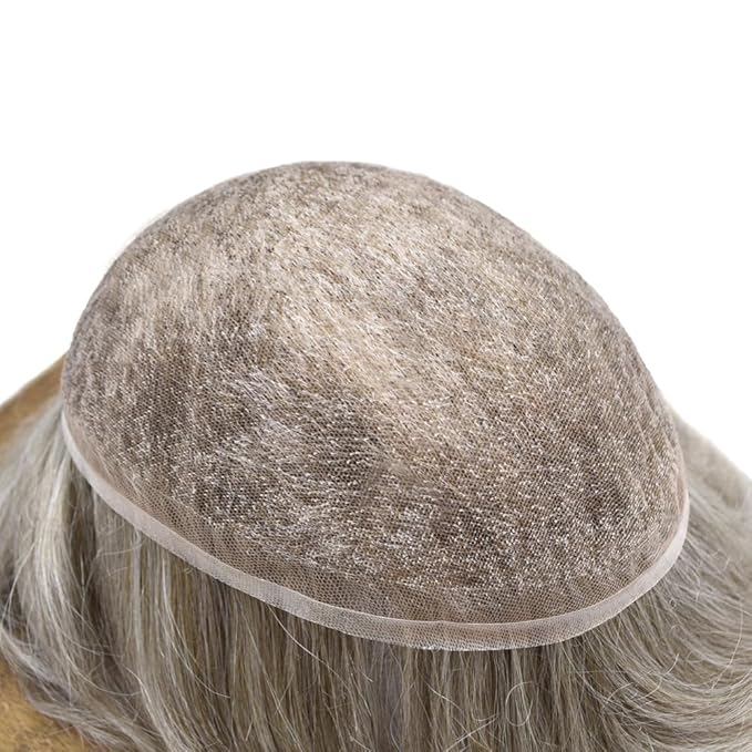 Toupee For Men Real Human Hair System For Men Full Swiss Lace Mens Toupee Lace Hair Piece For Men Hair System Bleached Knots 8x10-90% light density#650 6# LIGHT BROWN+50% GREY