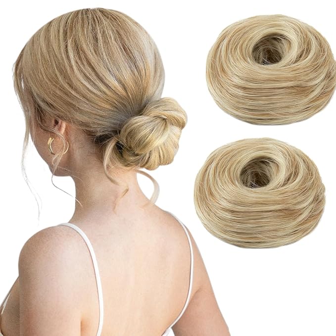 2PCS Small Cute Messy Bun Hair Piece for Thin Hair Women Mini Synthetic Curly Bun Scrunchies Updo Hairpieces Honey Blonde And Bleach Blonde