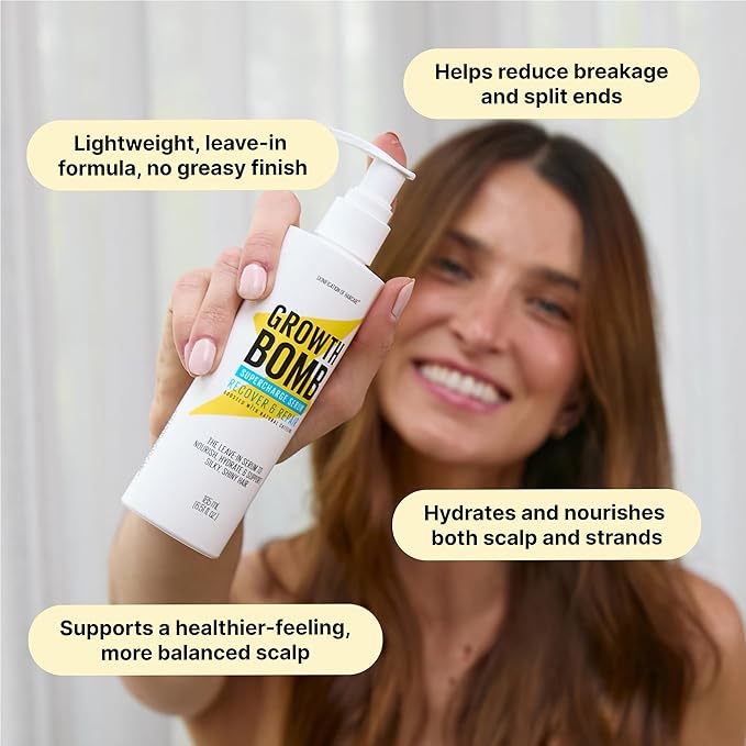 GROWTH BOMB Supercharge Serum - Anti Frizz Hair Serum, Leave in Hair Care for Curly, Wavy, Dry, Frizzy Strands, Silky Smooth Hydration & Shine for Split Ends, Treatment for Women & Men - 185 mL