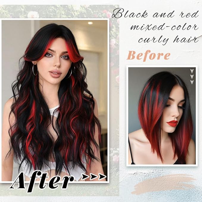 Vigorous Clip in Hair Extensions 24Inch Black with Red Highlights Hair Extension Clip Ins 4Pcs Long Wavy Soft Synthetic Hairpieces for Women Girls Daily Use Event Party Use