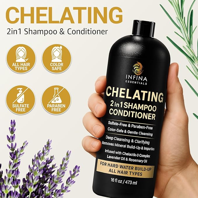 Hard Water Shampoo and Conditioner – 2-in-1 Chelating Cleanser for Buildup Removal, Soft & Shiny Hair – With Chelactik-3 Complex, Amodimethicone & Rosemary Oil – Sulfate-Free - Color Safe – 16 fl oz