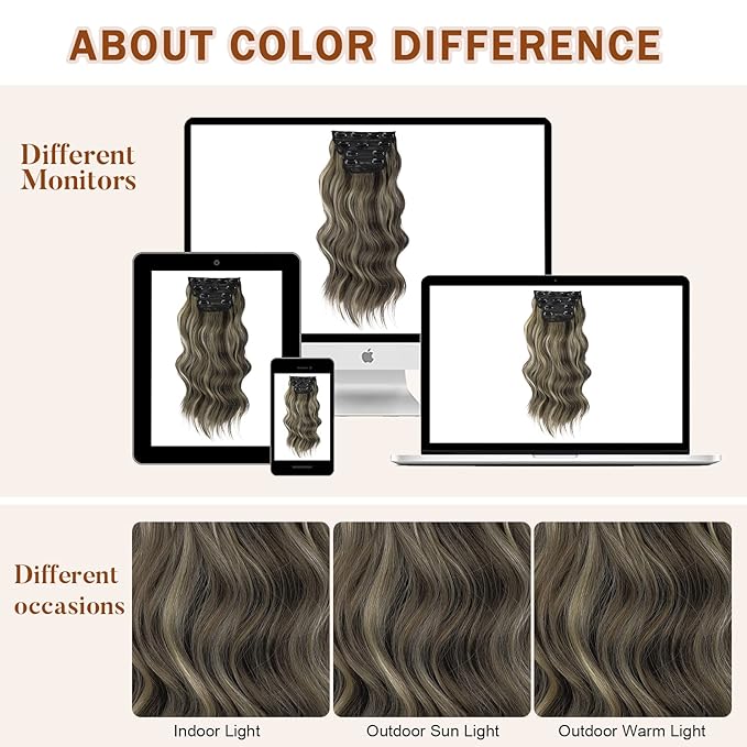 Vigorous Clip in Hair Extensions 20 Inch Walnut Brown Mixed Blonde Double Weft Hair Extension 4Pcs Natural Thick Long Wavy Synthetic Hairpieces for Women