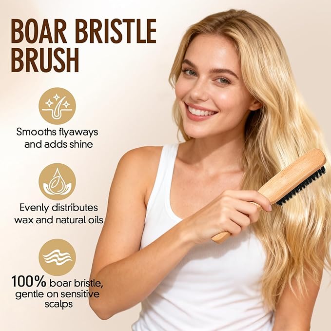 Boar Bristle Slick Back Hair Brush for Smooth Flyaways, Frizz, Sleek Ponytail, Buns and Edge Baby Hair, Teasing | Hair Comb, Edge Brush, Teasing Brush Styling Accessories for Girls, Kids, Women & Men