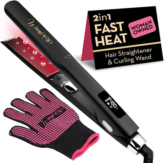 2 in 1 Professional Dual-Voltage Titanium Flat Iron Hair Straightener | up to 480°F | 10s Heat-Up | Straightening Iron & Hair Curling Wand 1.25" with Ceramic MCH Fast Heat, Auto Shut Off