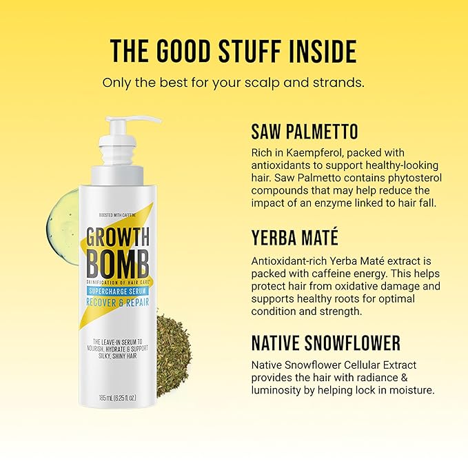 GROWTH BOMB Supercharge Serum - Anti Frizz Hair Serum, Leave in Hair Care for Curly, Wavy, Dry, Frizzy Strands, Silky Smooth Hydration & Shine for Split Ends, Treatment for Women & Men - 185 mL