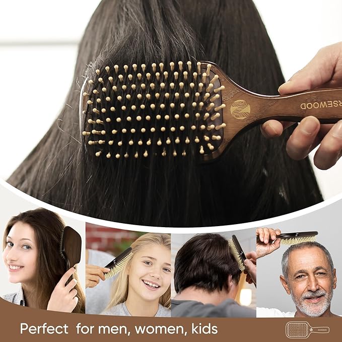 100% Natural Wood Hairbrush for Massaging Scalp,for Most Hair Types, Wooden Bristle for Reducing Damage, Scalp Massager Perfect for Women, Men & Kids