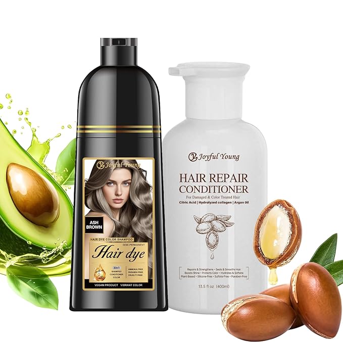3-in-1 Natural Hair Dye Shampoo & Hair Repair Conditioner Bundle - Gray Coverage & Deep Moisture - Vegan, Sulfate-Free, Color-Safe - Argan Oil, Collagen - 2x400ml (ASH BROWN)