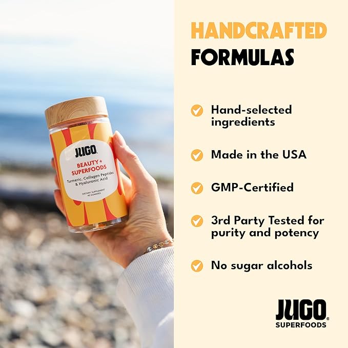 JUGO Beauty + SUPERFOODS Hair, Skin and Nails Collagen Gummies, Hyaluronic Acid and Turmeric Supplement, Cruelty-Free, Gelatin-Free and Gluten-Free Gummy Vitamins, Non-GMO, Made in USA, 40 Count