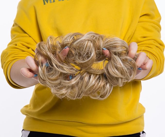 Benehair Hair Bun Hairpiece Scrunchy Updo Hair Pieces Fluffy Scrunchies Donut Hairpiece Synthetic Curly Wavy Messy Chignons With Elastic Rubber Band Light Ash Brown & Bleach Blonde-Thicker 2pcs 70g