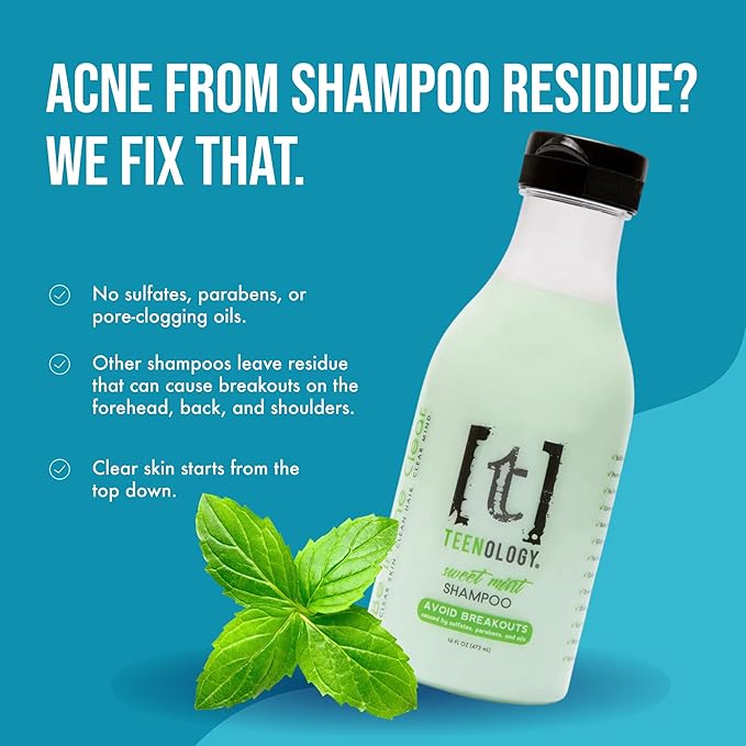 Teenology Teen Shampoo – Avoid Acne Breakouts, Non-Comedogenic, For Dry & Oily Scalps, Sulfate & Paraben Free, Natural Botanical Extracts, for Clear Skin & Healthy Hair, 16 oz – (Mint)