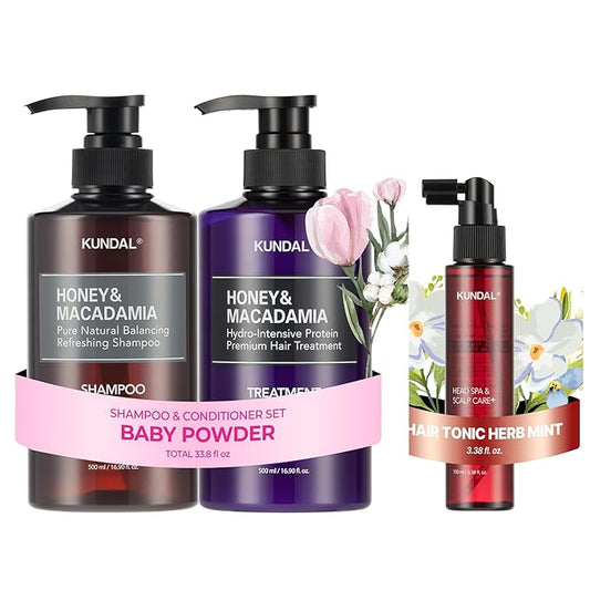 KUNDAL Shampoo/Conditioner + Caffeine Scalp Tonic Set, Sulfate Free Moisture Care, Hair Loss Scalp Strengthening, Korean Hair Care + Baby Powder, 16.9 fl oz x2 + 3.38 fl oz