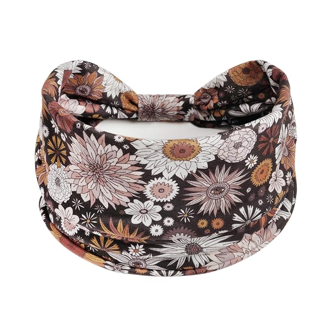 1 Pack Boho Headbands Stretch Paisley Print Bandana Headband Criss Cross Hair Bands Knotted Head Wrap Yoga Daily for Women and Girls (Beige Floral)