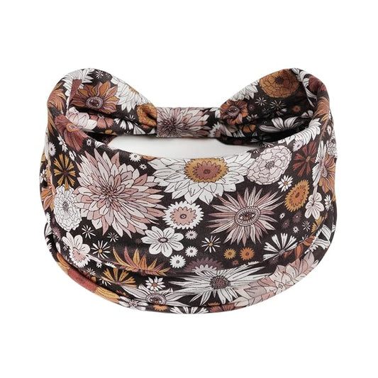 1 Pack Boho Headbands Stretch Paisley Print Bandana Headband Criss Cross Hair Bands Knotted Head Wrap Yoga Daily for Women and Girls (Beige Floral)
