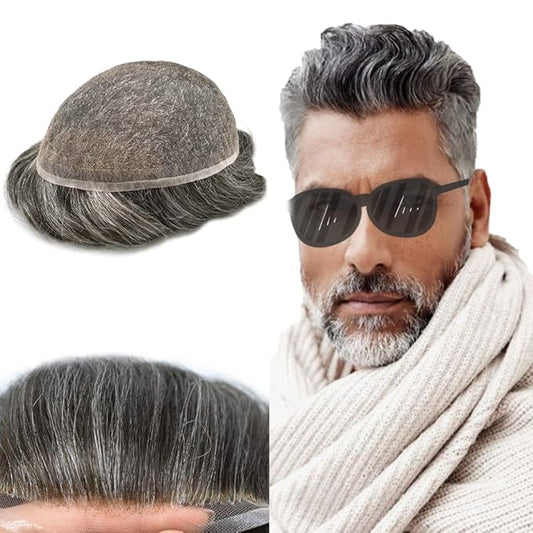 Toupee For Men Real Human Hair System For Men Full Swiss Lace Mens Toupee Lace Hair Piece For Men Hair System Bleached Knots 8x10-80% light density#260 2# DARKEST BROWN+60% GREY