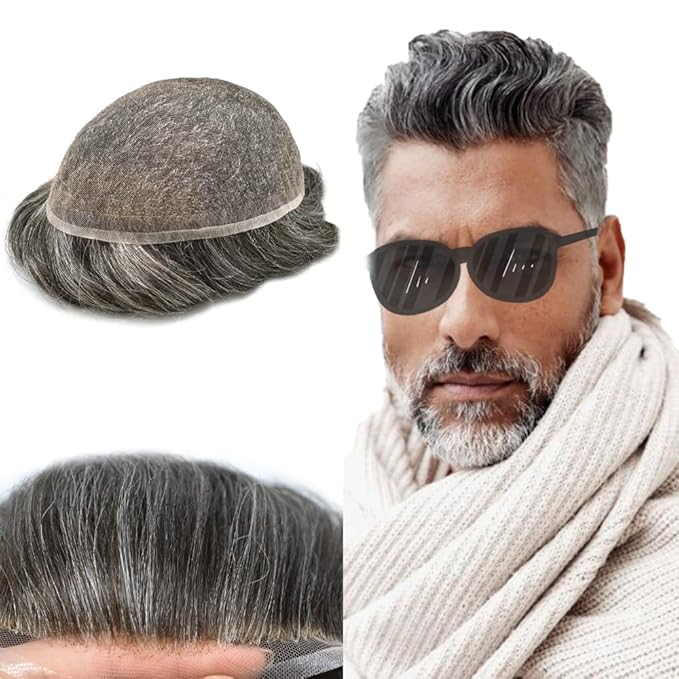 Toupee For Men Real Human Hair System For Men Full Swiss Lace Mens Toupee Lace Hair Piece For Men Hair System Bleached Knots 8x10-90% light density#360 3# DARK BROWN+60% GREY