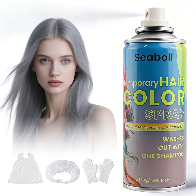 Silver Gray/Grey Hair Spray, Temporary Hair Color Spray for Kids Women Men–Safe Non Sticky Washable One Day Hair Dye Spray, Disposable Accessories Included, for Halloween Cosplay Party Costume Pet Fun