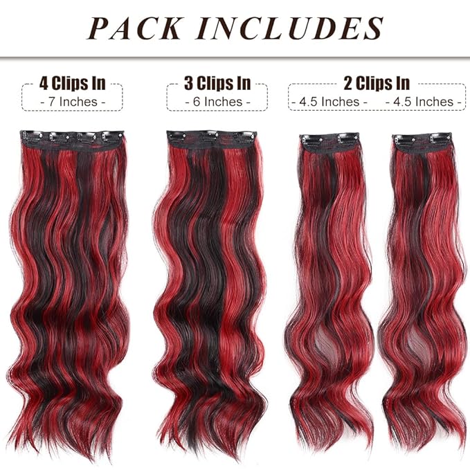 Vigorous Clip in Hair Extensions 4PCS Long Wavy Hair Extension 20Inch Thick Synthetic Hairpieces Fiber Double Weft Hair for Women(Black with Red Highlights)