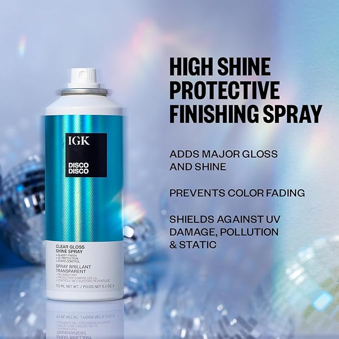 IGK Disco Disco Clear Gloss Hair Shine Spray | Full + Travel Size | Lightweight, High-Shine Finishing Hair Spray | 5.3 + 2.1 oz (Pack of 2)