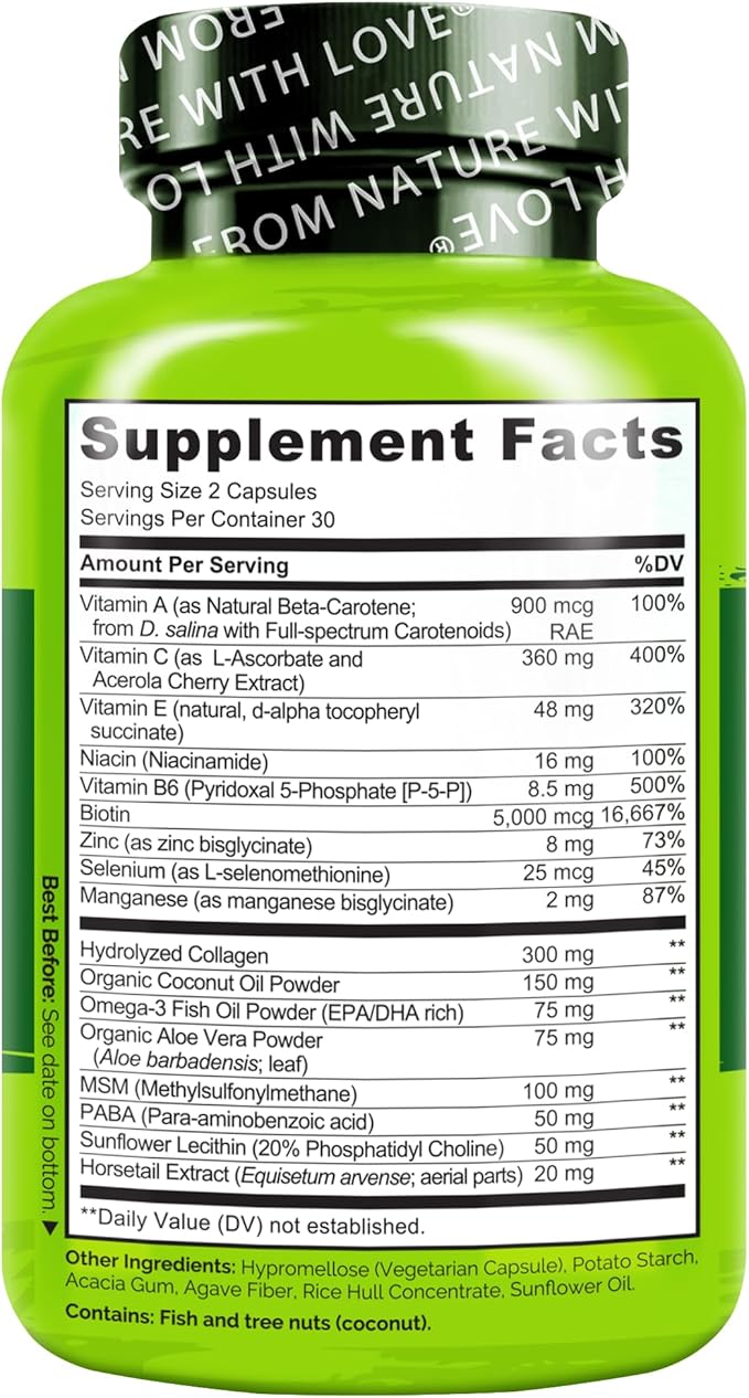 NATURELO Hair, Skin and Nails Vitamins - 5000 mcg Biotin, Collagen, Natural Vitamin E - Supplement for Healthy Skin, Hair Growth for Women and Men – 60 Capsules