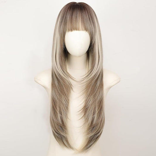 Long Ombre Ash Brown with Platinum Blonde Wig with Bangs for Women,4x4 Realistic Scalp,Free Parting,Layered Hairstyle Synthetic Heat Resistant for Daily Party Use 26 inch