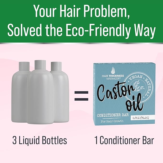 Castor Oil Conditioner Bar for Hair Growth. Eco Friendly, Vegan, Color Safe, pH Balanced. Solid Conditioner Bar Equal To 3 Liquid Bottles. Zero Plastic, USA Made, Strengthening & Dry Hair Relief