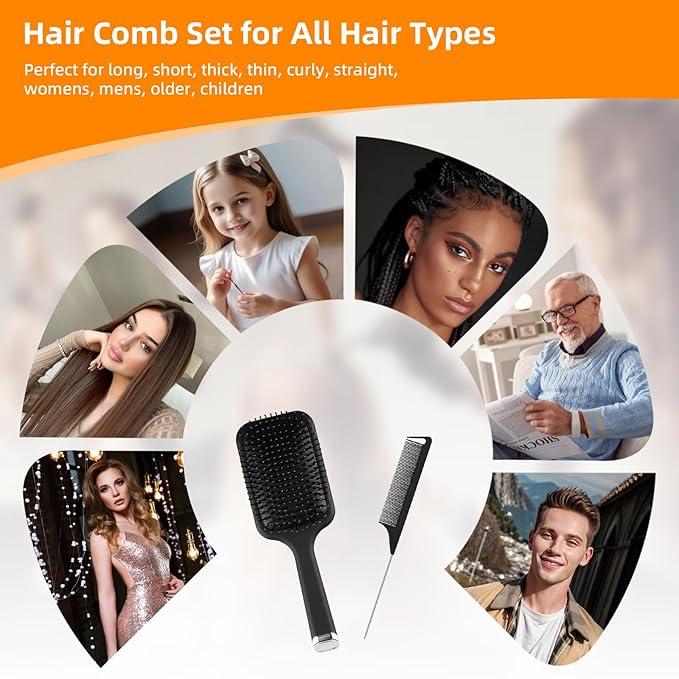 Hair Brush and Comb Set, 2Pcs Paddle Hairbrush Set for Women Men, Detangling Rattail Fine Styling Combs for Curly, Thick, Thin, Wig, Massaging Scalp