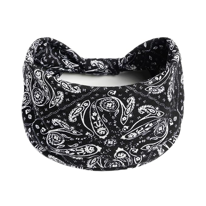 1 Pack Boho Headbands Stretch Paisley Print Bandana Headband Criss Cross Hair Bands Knotted Head Wrap Yoga Daily for Women and Girls (Black Ornate)