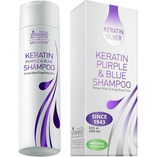 VITAMINS hair cosmetics Keratin Purple Shampoo for Blondes - Blue Shampoo - Hair Toner for Bleached Hair - Tones Brassiness & Repairs Blonde, Silver, Grey, White & Ash Gray Locks