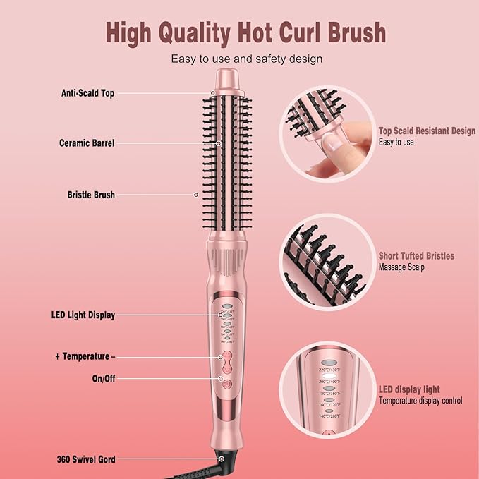 Thermal Brush, Heated Round Brush & Curling Iron with Ceramic Ionic Technology, Hair Tools for Volumizing & Styling, Travel-Friendly Hot Comb with Adjustable Temperature（Gold 1 inch）