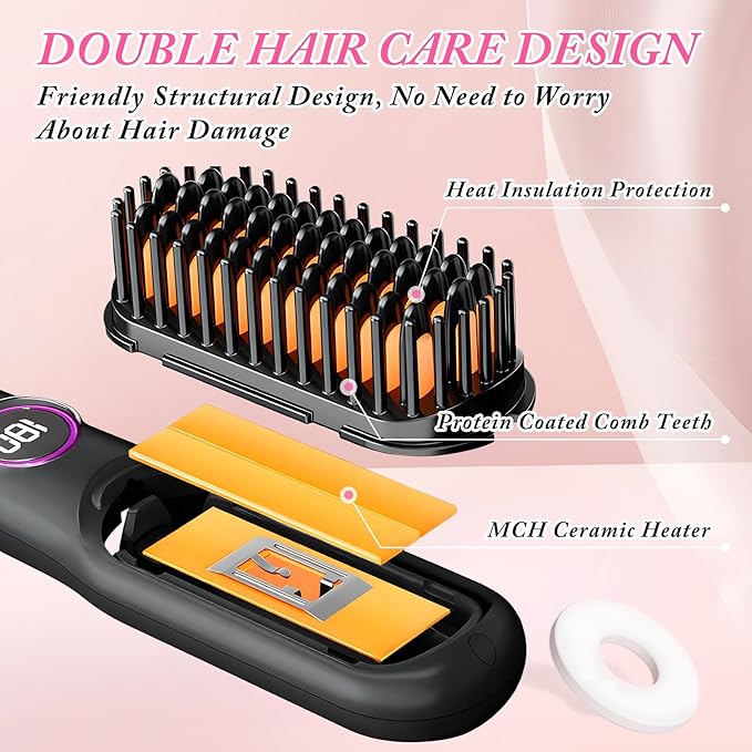 Ionic Hair Straightener Brush, 18W Professional Ceramic Straightening Brush for Home Salon, Plasma Straightening Brush, 9 Temp Settings, 20s Fast Heating, Hair Straightener Comb with LED Display