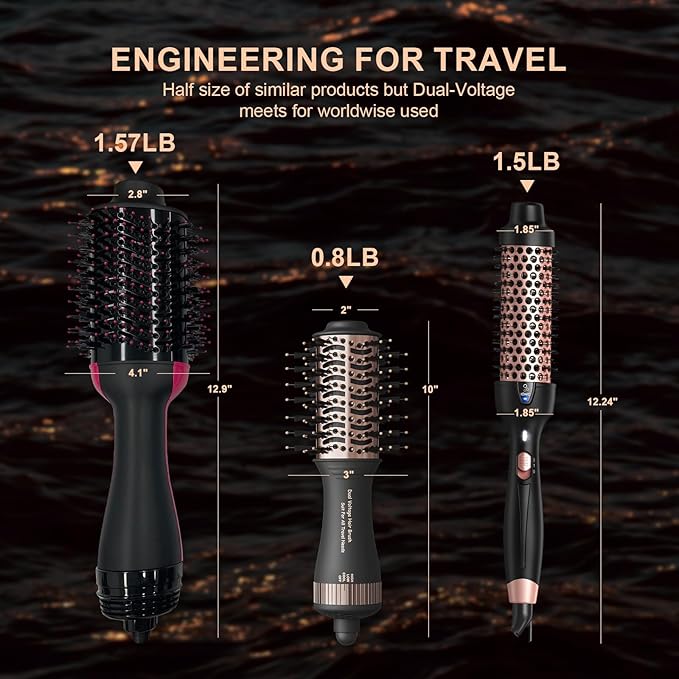 Travel Dual Voltage Blow Hair Dryer Brush 4-IN-1 Portable Mini Hot Air Dryer Straightener & Curler Brush, Titanium 2-Inch Blowout Styler Volumizer Tool, 110/240V US/EU/UK Plug for International Travel