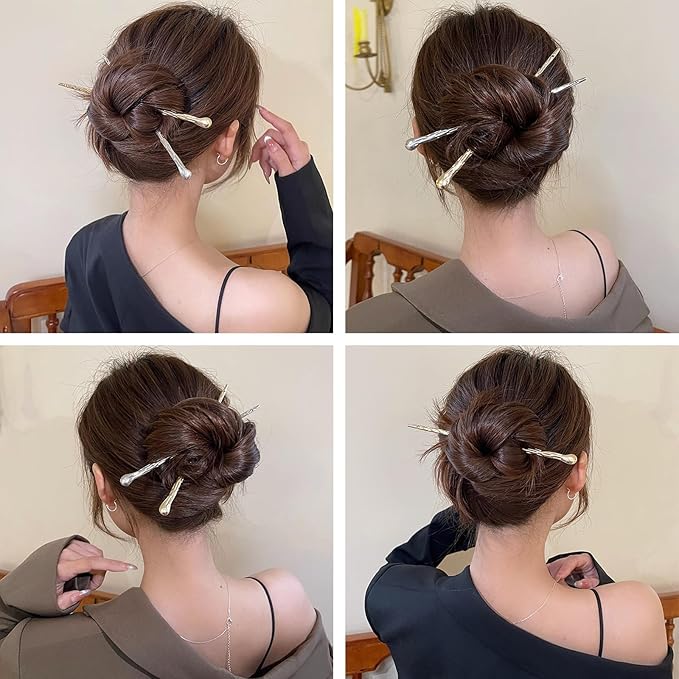 4 Pcs Hair sticks for buns,French hair pins for women,Buns and Updos with No Hair Damage, Metal Texture Pin Great Hold,Suitable for fine & thick hairUS306