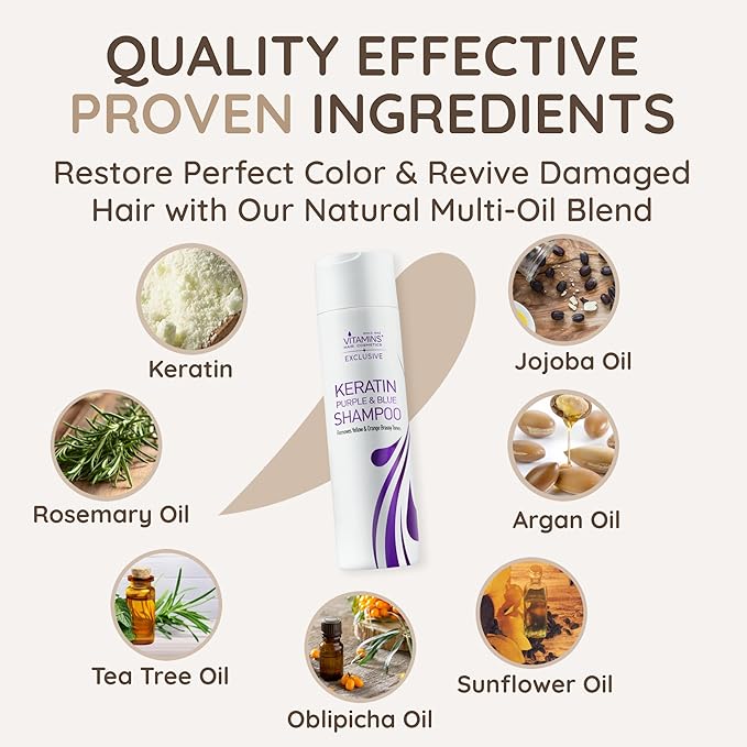VITAMINS hair cosmetics Keratin Purple Shampoo for Blondes - Blue Shampoo - Hair Toner for Bleached Hair - Tones Brassiness & Repairs Blonde, Silver, Grey, White & Ash Gray Locks