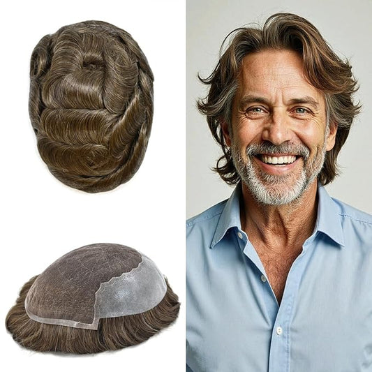 Mens Hair System French Lace Front Bleached Knots Human Hair Toupee for Men Hairpiece