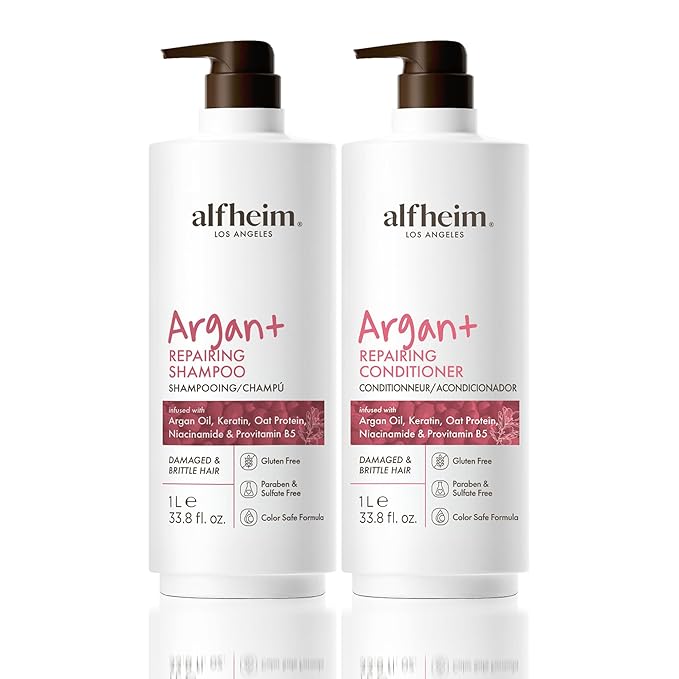 Alfheim Argan Repairing Shampoo & Conditioner Set | Sulfate-Free for Dry ＆ Damaged Hair | Argan Oil, Keratin & Niacinamide Infused to Strengthen ＆ Moisturize, Reduce Breakage ＆ Anti-Frizz | 33.8oz*2