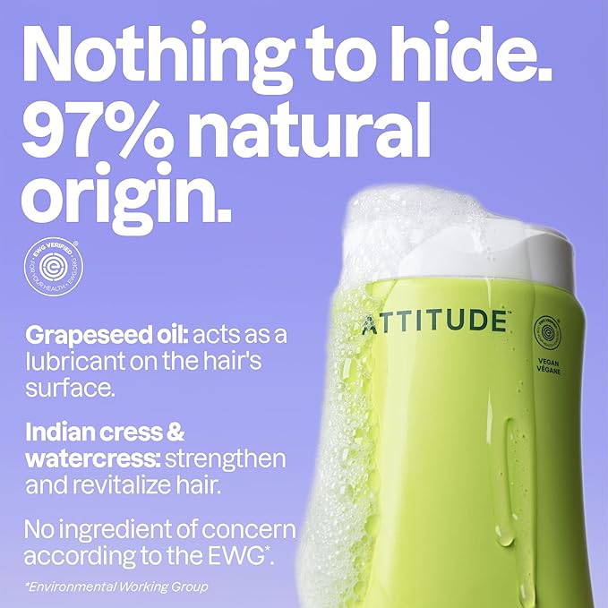 ATTITUDE Nourishing Hair Shampoo, EWG Verified, For Dry and Damaged Hair, Naturally Derived Ingredients, Vegan and Plant Based, Grapeseed Oil and Olive Leaves, 16 Fl Oz (Pack of 6)