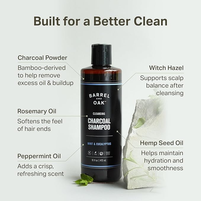 Barrel and Oak Shampoo and Conditioner Set, Mint and Eucalyptus Charcoal Shampoo and Bourbon Cedar Rinse-Out Leave In Conditioner for Men, Vegan Hair Care Essentials, 16 oz Each