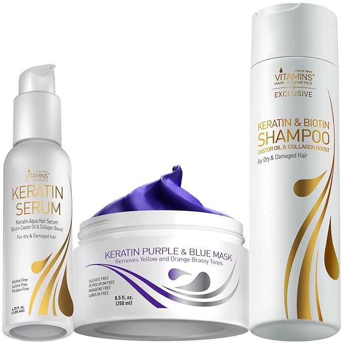 VITAMINS hair cosmetics Keratin Hair Serum, Purple Hair Mask & Shampoo Kit, Heat Protectant Anti-Frizz Serum, Anti-Brass Conditioner for Bleached Blonde Platinum Gray Damaged Hair & Nourishing Shampoo