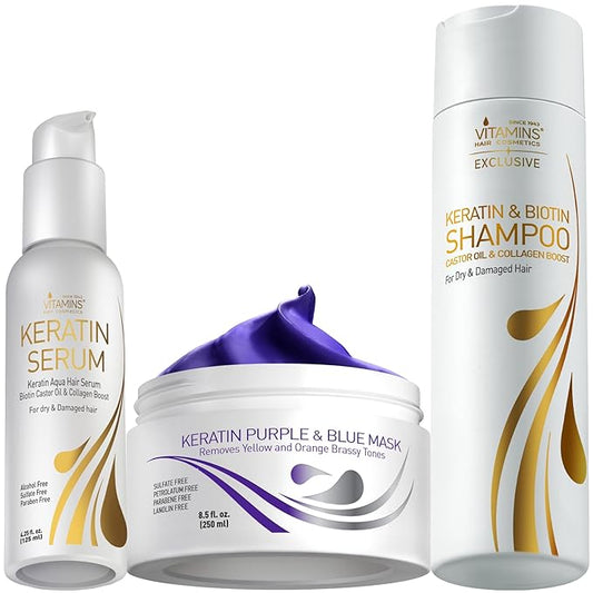 VITAMINS hair cosmetics Keratin Hair Serum, Purple Hair Mask & Shampoo Kit, Heat Protectant Anti-Frizz Serum, Anti-Brass Conditioner for Bleached Blonde Platinum Gray Damaged Hair & Nourishing Shampoo
