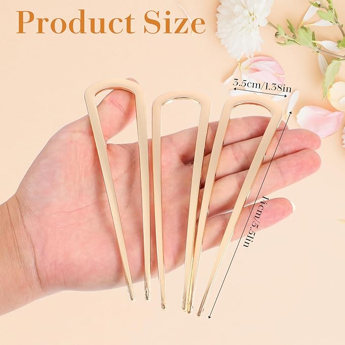 3 Pcs French Hair Pins for Women, U Shaped Hairs Pins, Metal Gold Hairs Accessories, for French Twists, Buns and Updos with No Hair Damage Comfortable Keeps in Place (Gold)