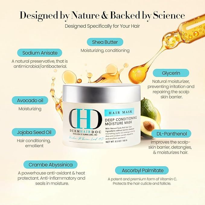 Hair Mask, Deep Conditioning Hair Mask, Hydrating Detangler Moisturizing Dermatologist-Developed Treatment for Curly, Dry, Frizzy, Swimmer's Hair & Itchy Scalp – 5.5 oz