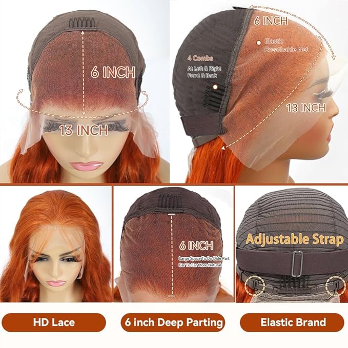 28 Inch Ginger Wig Human Hair Body Wave Ginger Orange 13X6 Lace Front Wigs Human Hair Pre Plucked 180 Density 350# Colored Glueless 13X6 HD Lace Frontal Wig Human Hair for Women