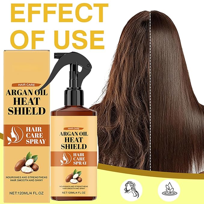 Argan Oil Heat Protectant Spray for Hair - Thermal Shield with Moroccan Argan Oil to Nourish & Hydrate, Helps Smooth Dry, Brittle Hair & Reduce Breakage for Silky Shine, for All Hair Types（120ml）