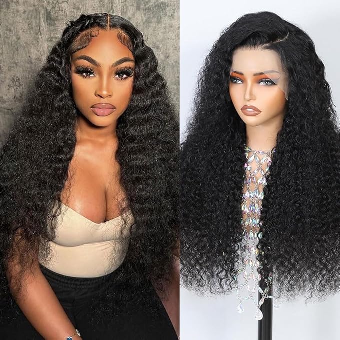 13x6 Deep Wave Lace Front Wigs Human Hair 26 Inch 200 Density HD Lace Frontal Glueless Wigs Human Hair Pre Plucked Deep Curly Wig with Baby Hair Natural Black